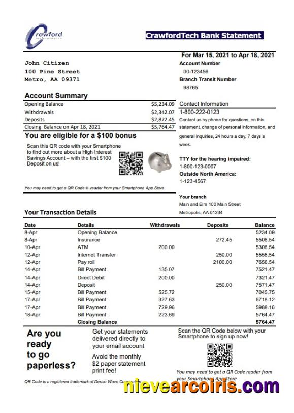 Canada CrawfordTech bank statement easy to fill in Excel and PDF format